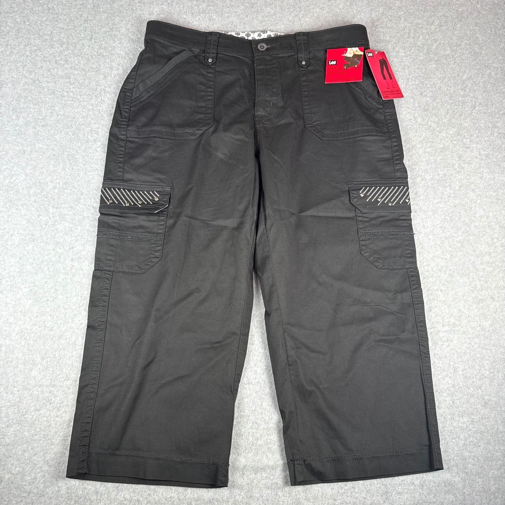 Lee Cargo Capri Pants Womens 10 Black Comfort Fit Embellished Studded Cotton